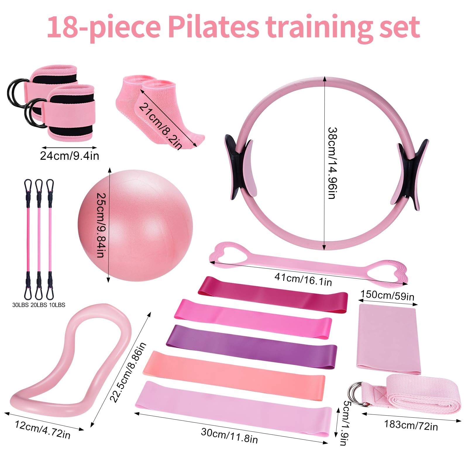 Juego de 18 piezas de anillos de pilates, incl. anillo de pilates, bola de yoga, banda de fitness, anillo de tensión, anillo de masaje, compatible con equipos de fitness para gimnasio en
