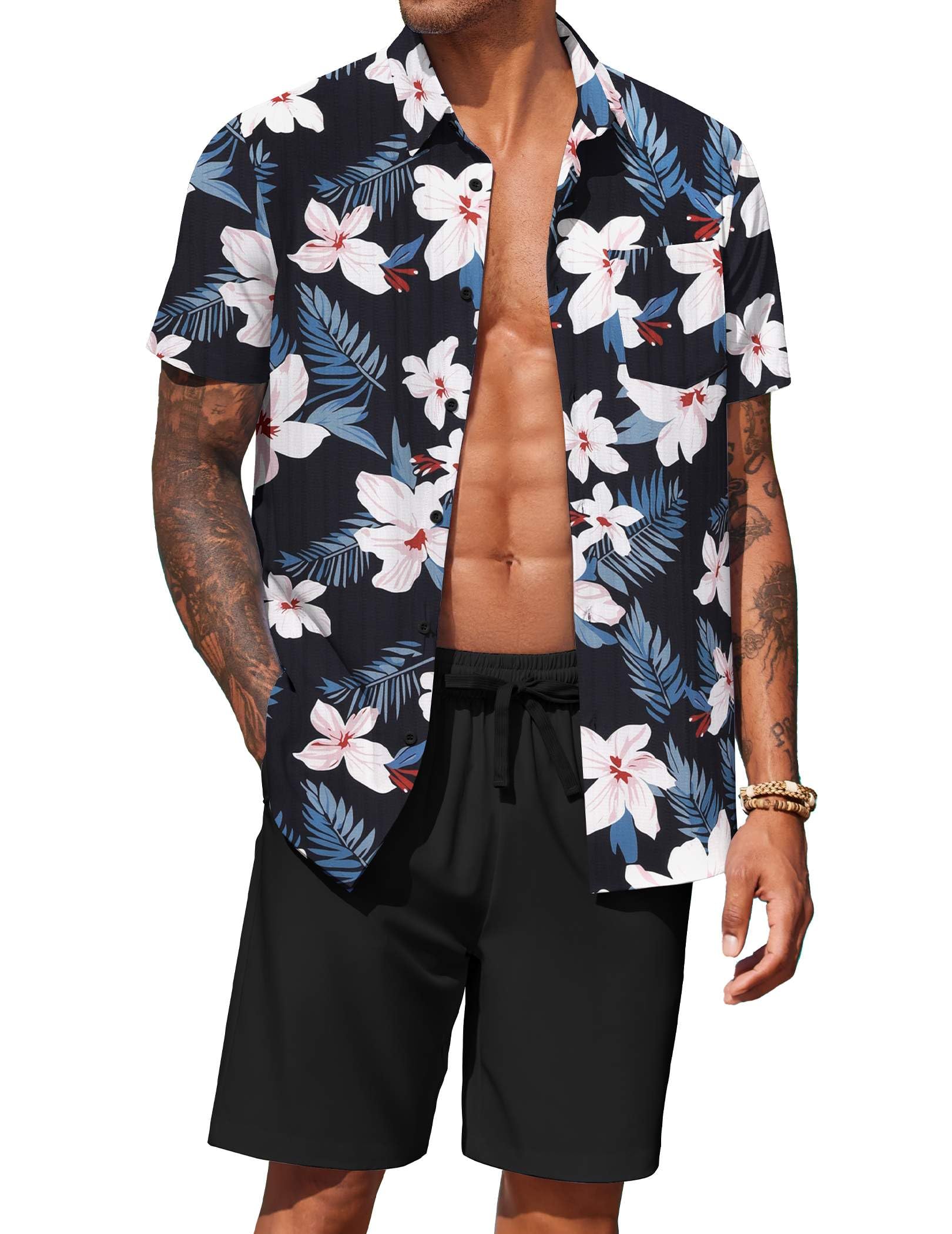 COOFANDY Men's Hawaiian 2 Piece Outfits Floral Button Down Shirt and Shorts Vacation Outfits Summer Beach Matching Set