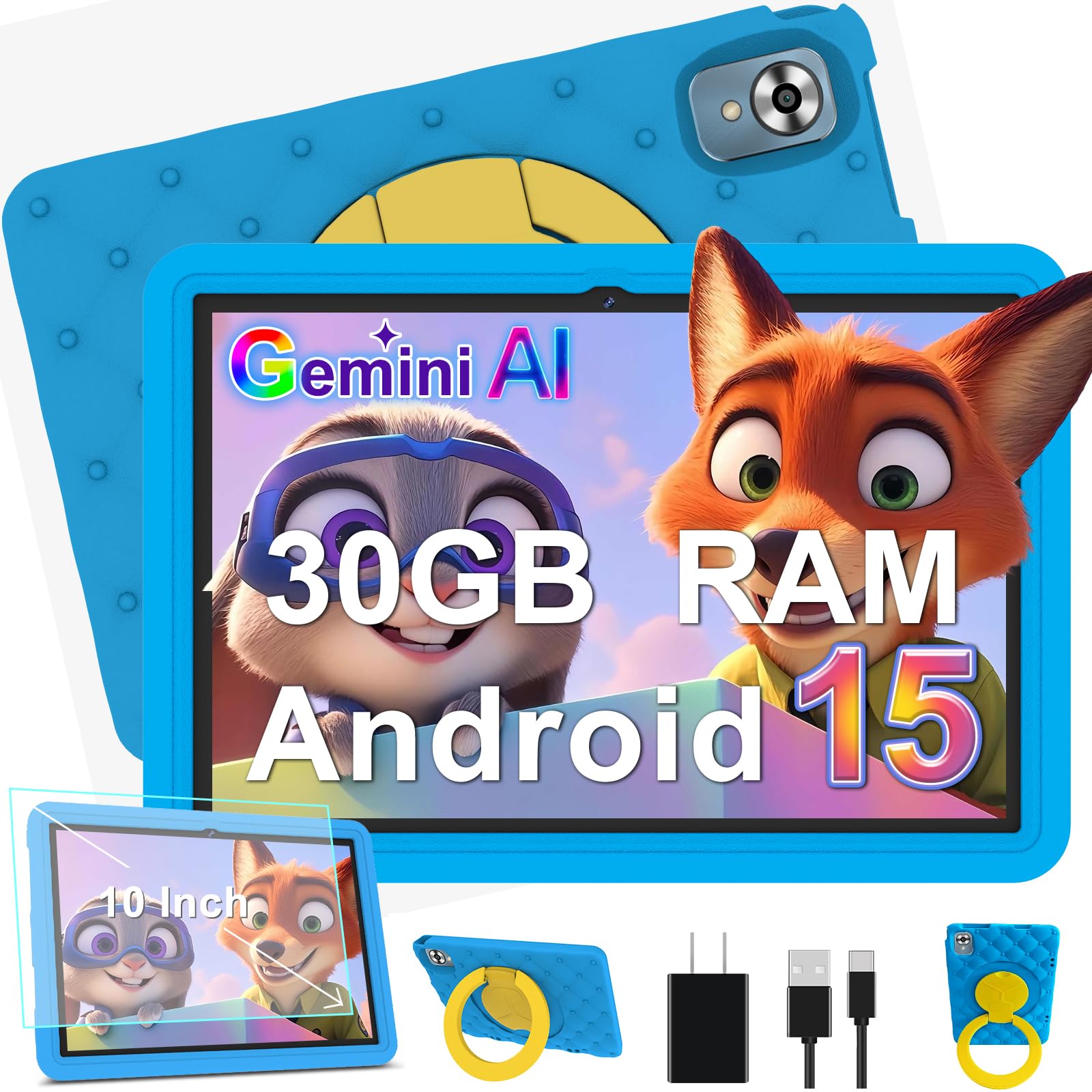DMOAO Tablet Bambini 10 Pollici Android 15 con 30GB RAM, 5G Wi-Fi 6, 64GB ROM(2TB), Control Parental, Octa-Core, 8MP+5MP, 6000mAh, Custodia Protettiva EVA + Supporto Girevole a 360°, Blu