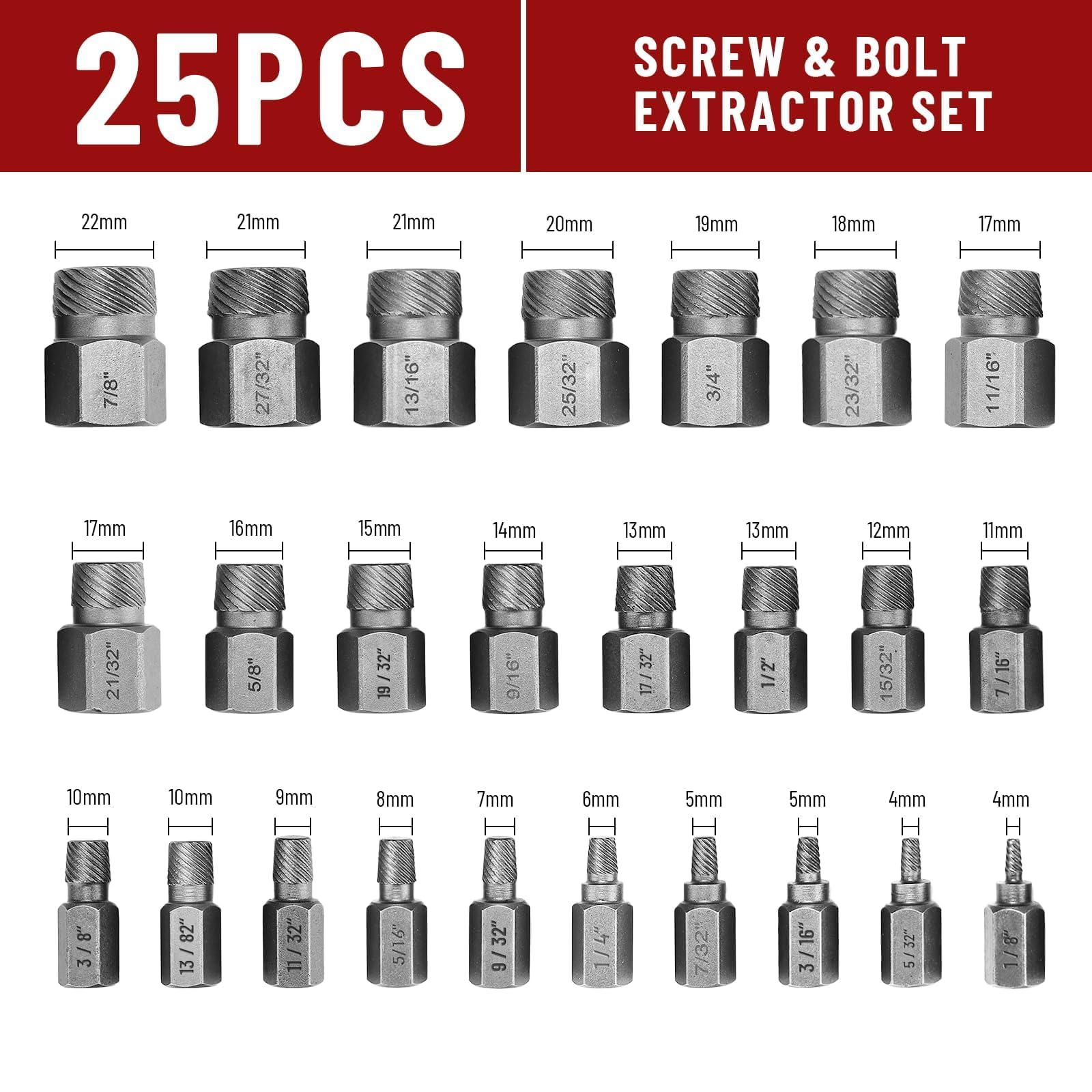 25 Pièces Extracteur de Vis Casse Set, Extracteur de Boulon Endommagées, Extracteur de Goujon, Tourne a Gauche Extracteur, pour Enlever Facilement Les Boulons Cassés et Les Vis Rouillées