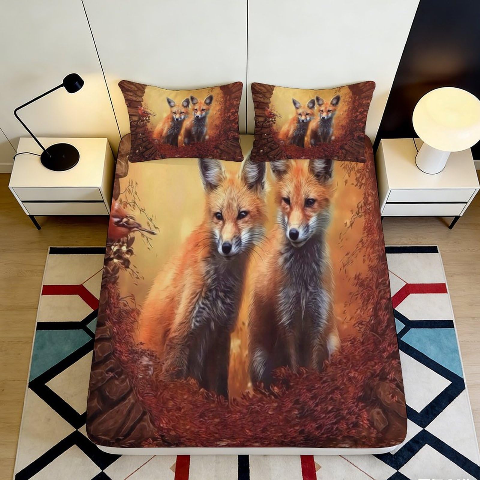3D Printed Fox Forest Fitted Sheet Microfiber Soft Anti-Slip Autumn Woodland Mattress Cover for Bedroom Guest Room 200x200x25cm