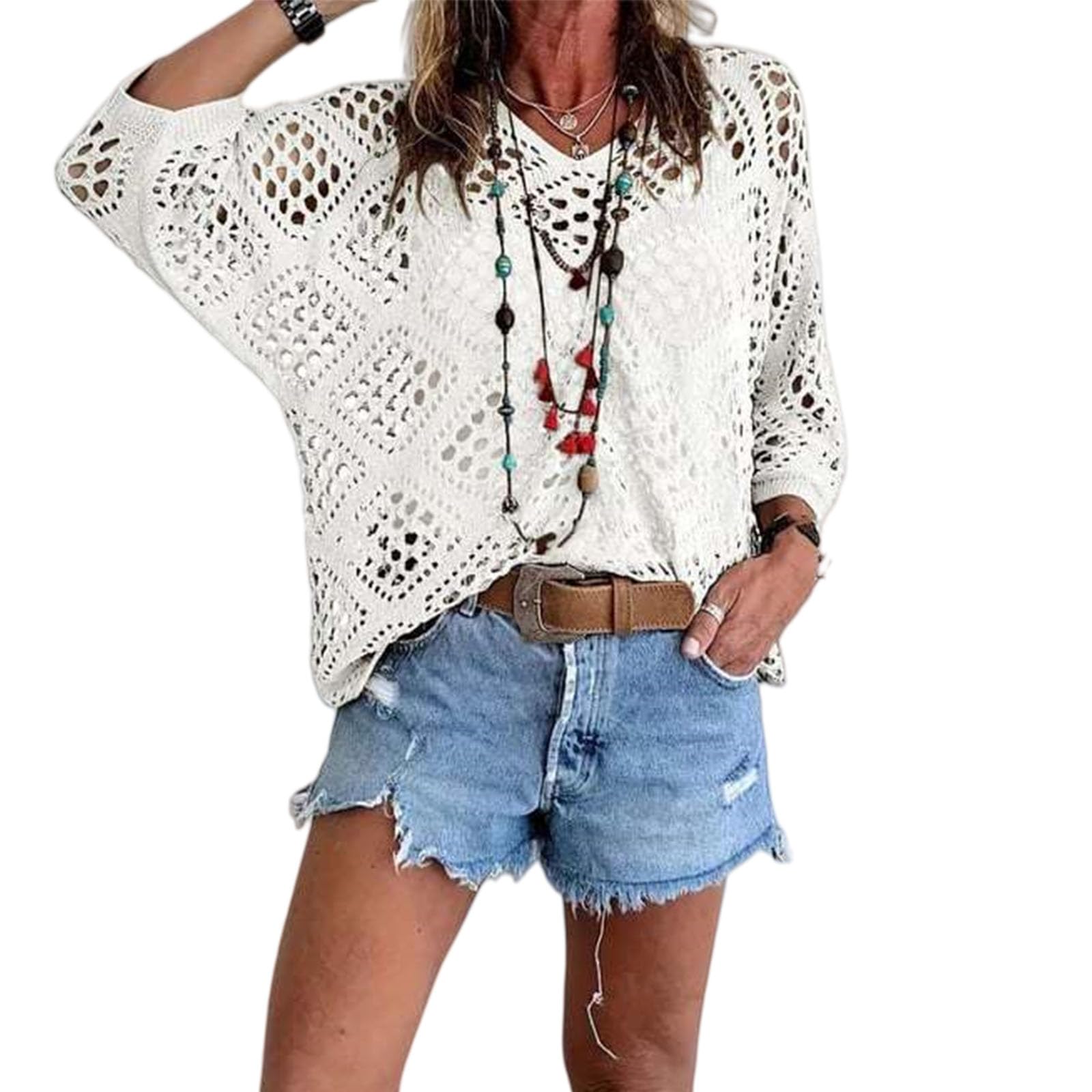 OLYGEE Boho Crochet Tops for Women, V Neck 3/4 Sleeve Hollow Out Summer Beach Cover Up (White,l)