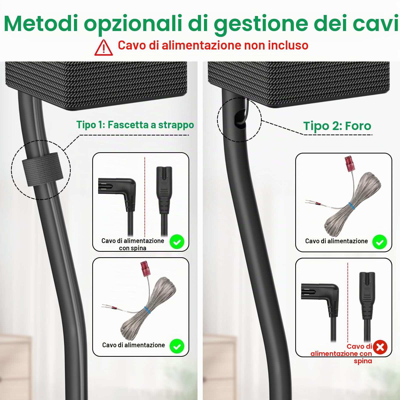 Supporti universali per altoparlanti, montaggio a parete regolabile in altezza da 33" a 42", compatibile con altoparlanti surround Samsung, base stabile e gestione dei cavi, supporta fino a 30 libbre