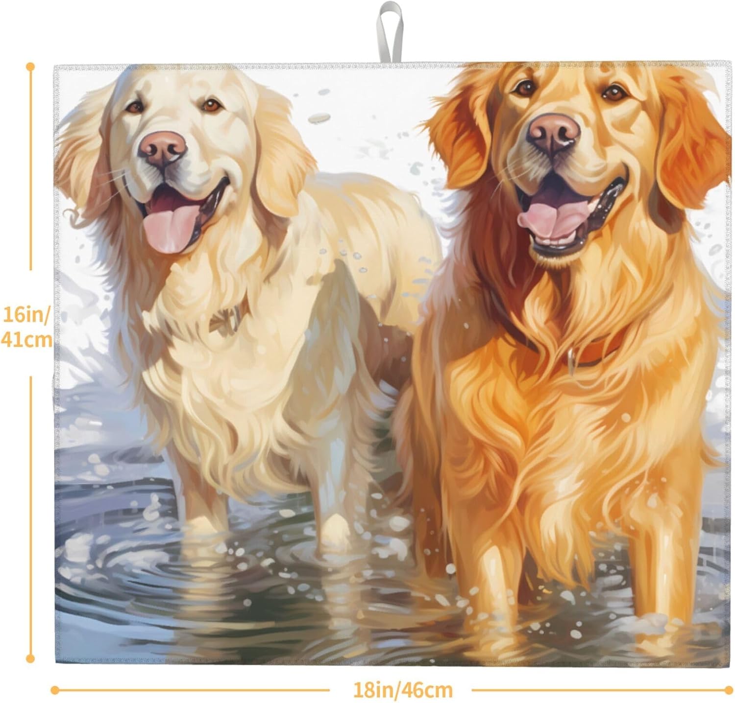 Golden Retrievers Splashing Dish Drying Mats for Kitchen Counter, Super Absorbent Microfiber Drainer Pad, Washable Reversible Appliance Protector, Everyday Kitchen Must-Have, 16x18 Inch image 3