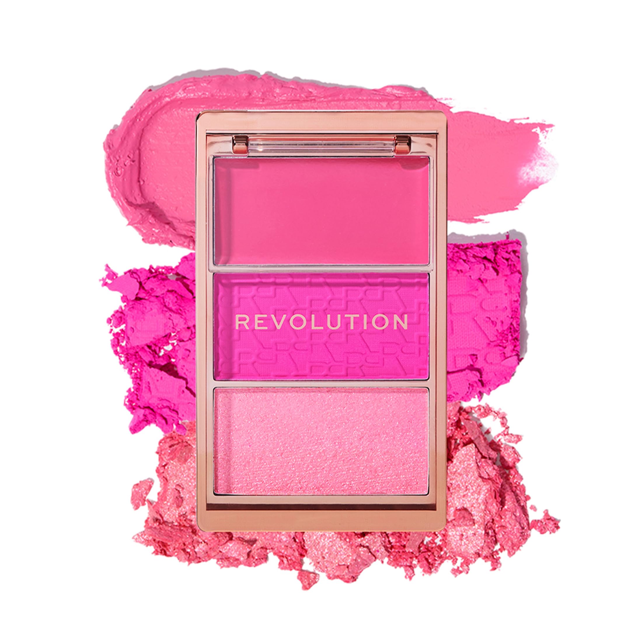 Revolution Palette Blush Icon Palette, kremowy i tłoczony puder, silnie pigmentowany, paleta twarzy, wegańskie i nieokrutne, 3 kolory, Hot Pink Flag