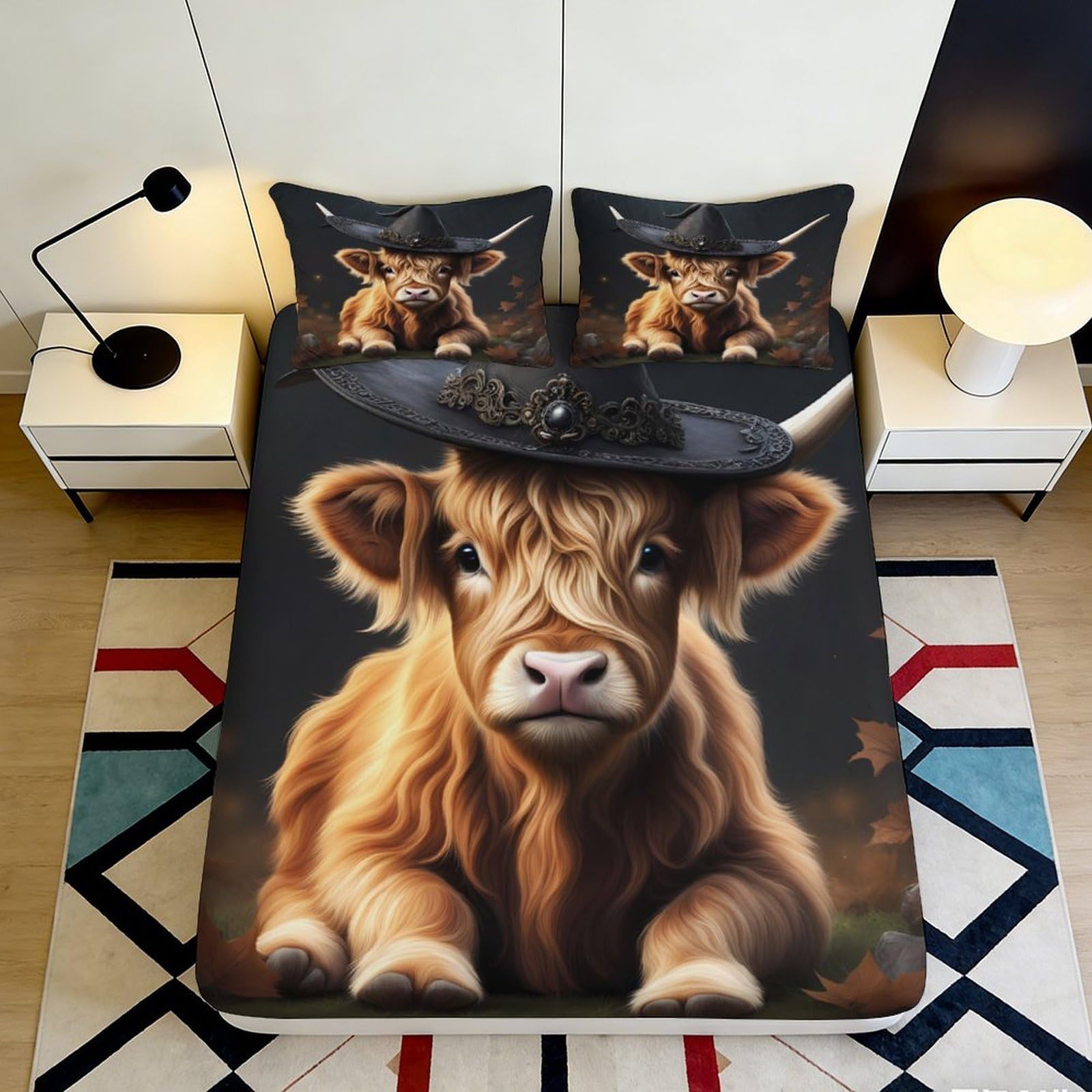 3D Printed Highland Cow Fitted Sheet Microfiber Soft Brown Cowboy Hat Bed Cover for Bedroom Dorm Room Mattress Protector Decor 90x200x25cm