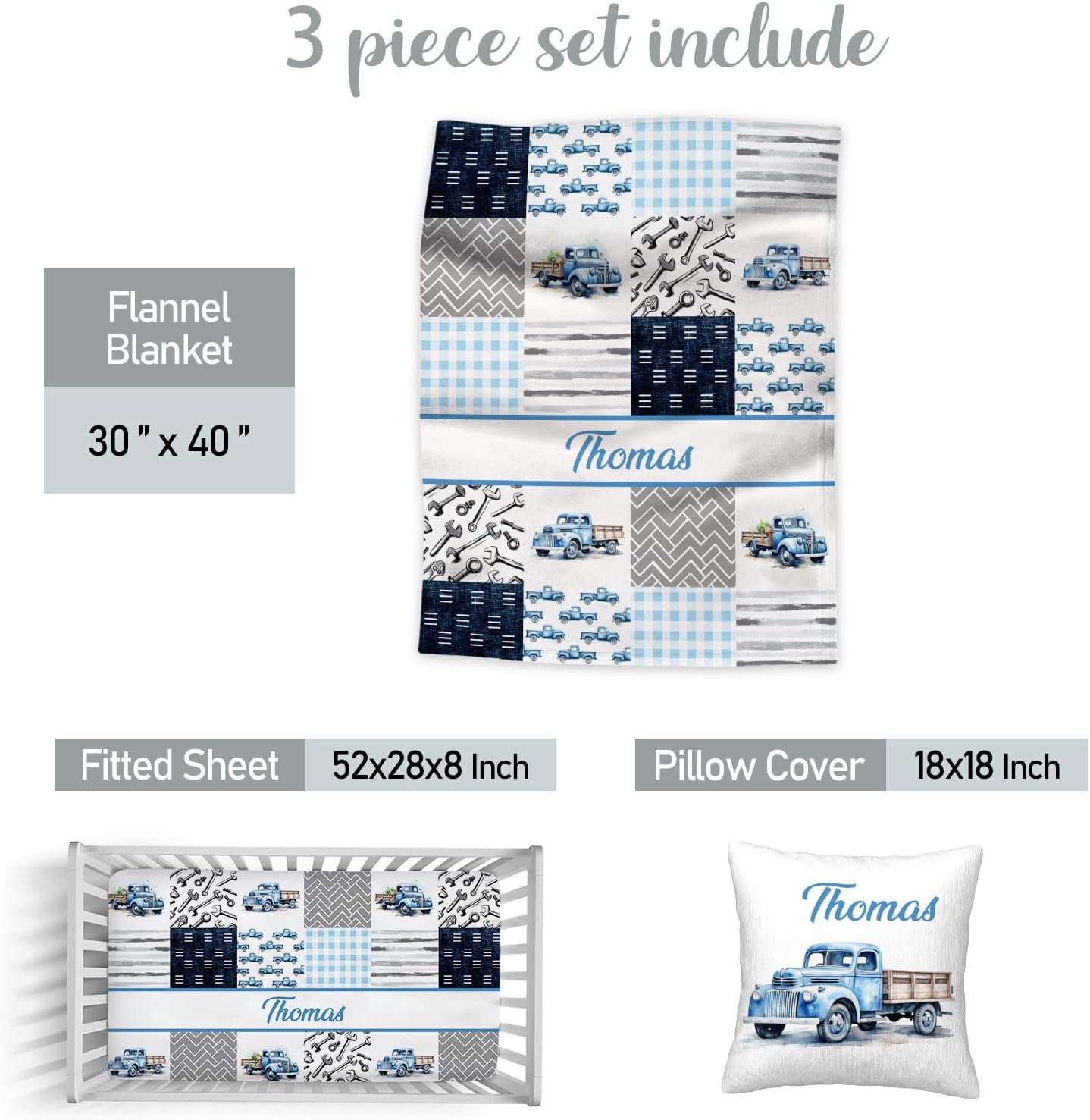 Personalized Baby Crib Bedding Set – 3 Piece Truck Theme Nursery Set with Custom Name, Soft Blanket, Fitted Crib Sheet & Pillowcase for Newborn, Infant Boys Girls Gift