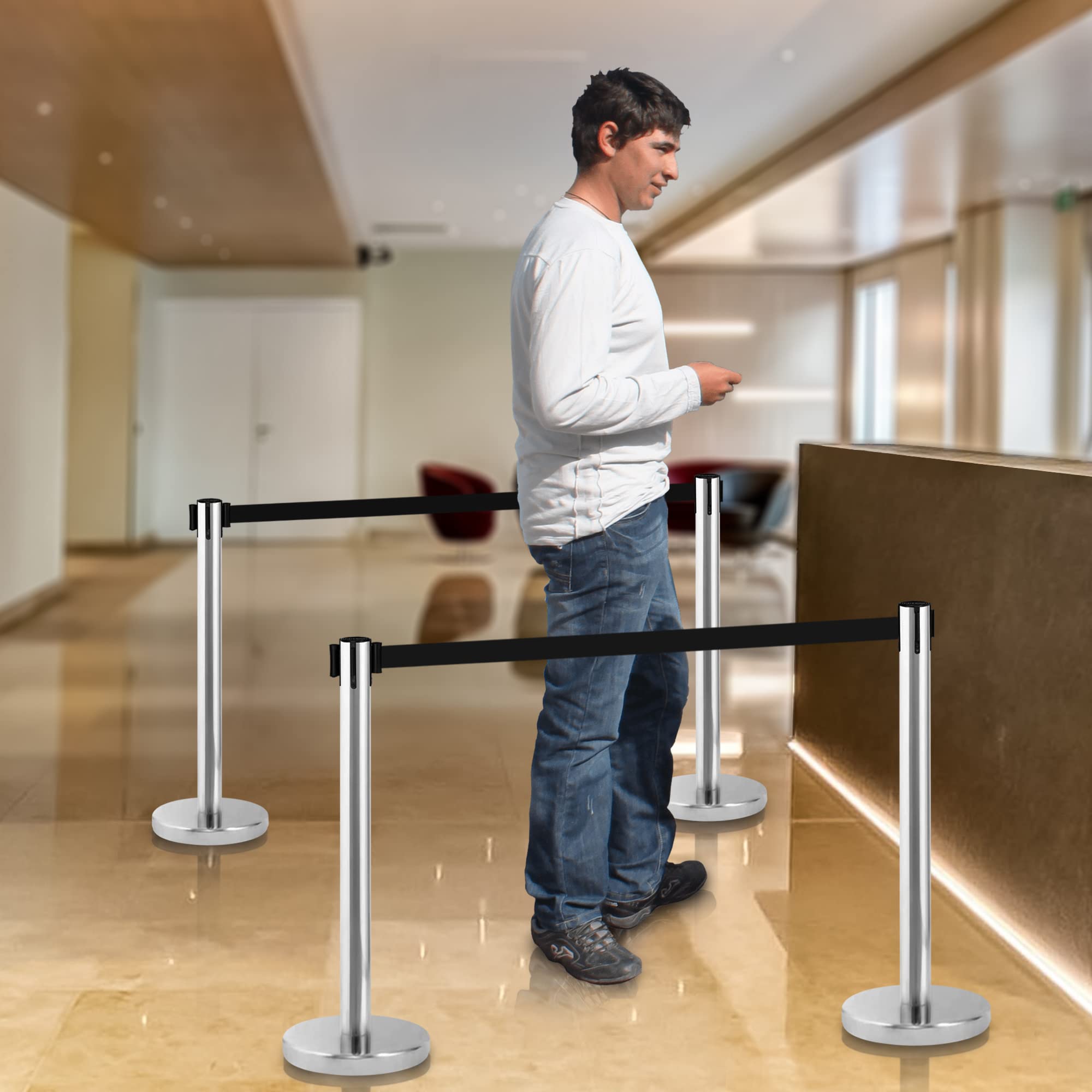 Set di Barriere Retrattili, Barriera con Nastro Estensibile 3 metri (2 unità), Pali Separatori, Nastro di Sicurezza, Nastro Estensibile Retrattile, Barriera Estensibile di Sicurezza 3m