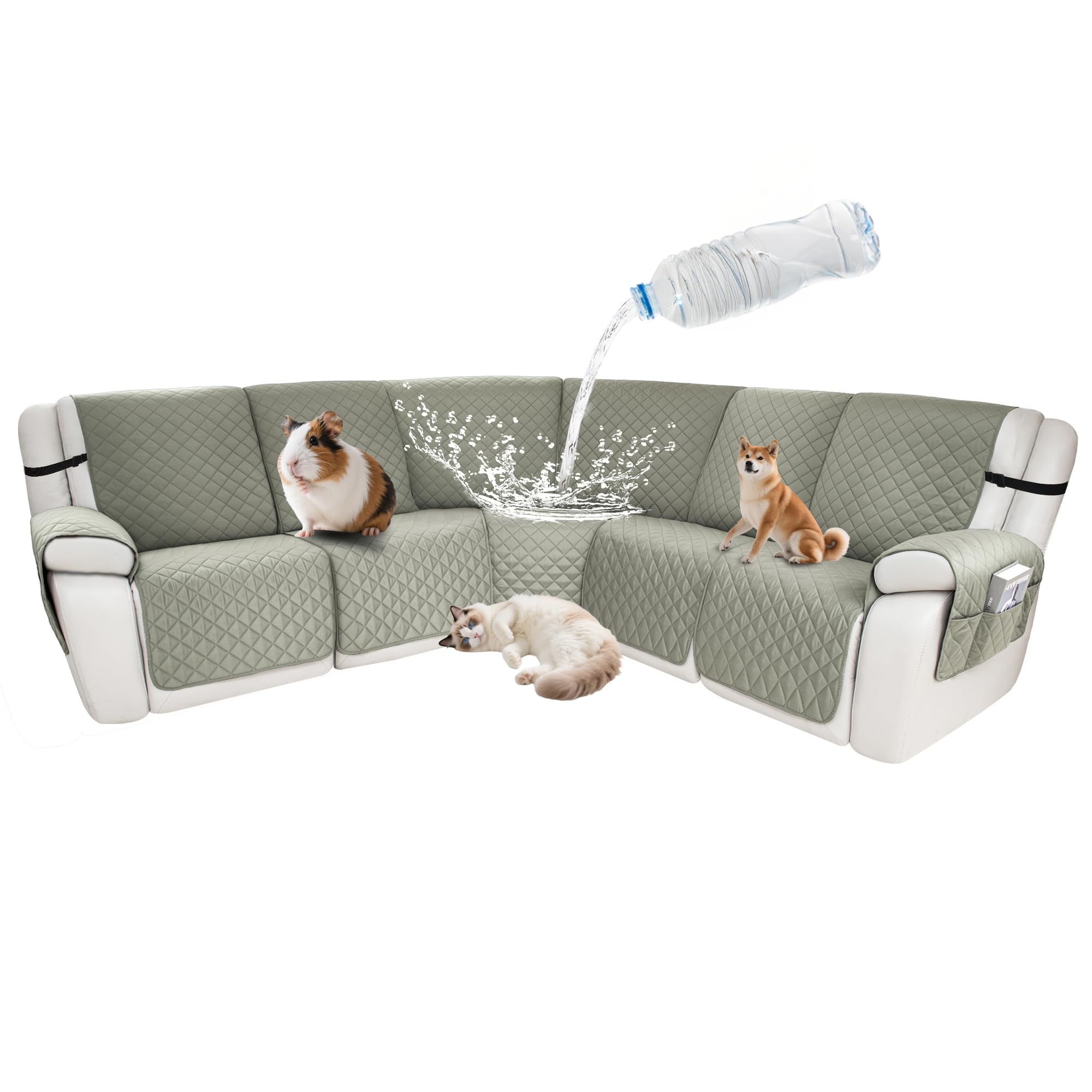 Waterproof Sectional Reclining Couch Covers L Shaped Recliner Sectional Sofa Cover 7 Piece Non Slip Washable Corner Recliner Slipcover Set for Pet Dog (5 Seater Cover, Taupe)