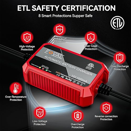Miniatura 6 de Paquete de 3 Cargador de batería de automóvil de 1000 mA, cargador de batería FOVAL de 12 V totalmente automotriz, cargador de goteo, cargador de