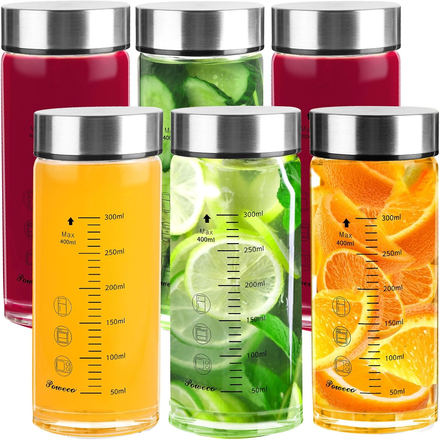 Glass Juice Bottles 6 Pack 12 oz - Wide Mouth Glass Water Bottles with Lids - for Juicing, Protein, Smoothie, Milk, Reusable, BPA Free, Stainless Steel Lids, Blender, Shaker Bottle (12oz/400ml) 12oz/400ml 6-Pack (ml)