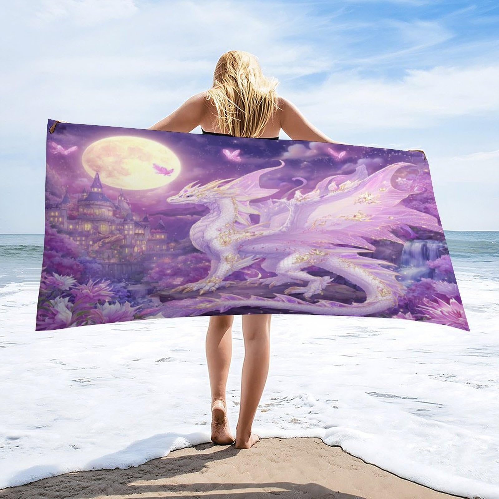 Luyysky Colorful Abstract Mythical Dragon Absorbent Beach Towel, Beautiful Realistic Full Moon Castle Animal Butterfly Floral Outdoor Single-Sided Velvet Beach Towel-80 W Cm X 160" L Cm