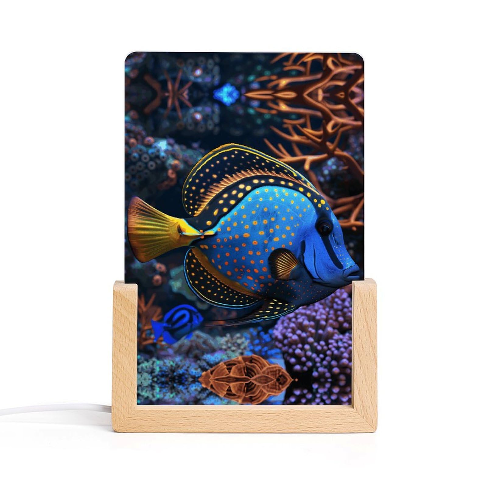 JTREHY Acrylic Night Light,Colorful Tropical Fish Printed Wooden Base LED Night Light Modern Home Decoration Light with USB Switch Cable for Bar Cafe Bedroom Room Decoration