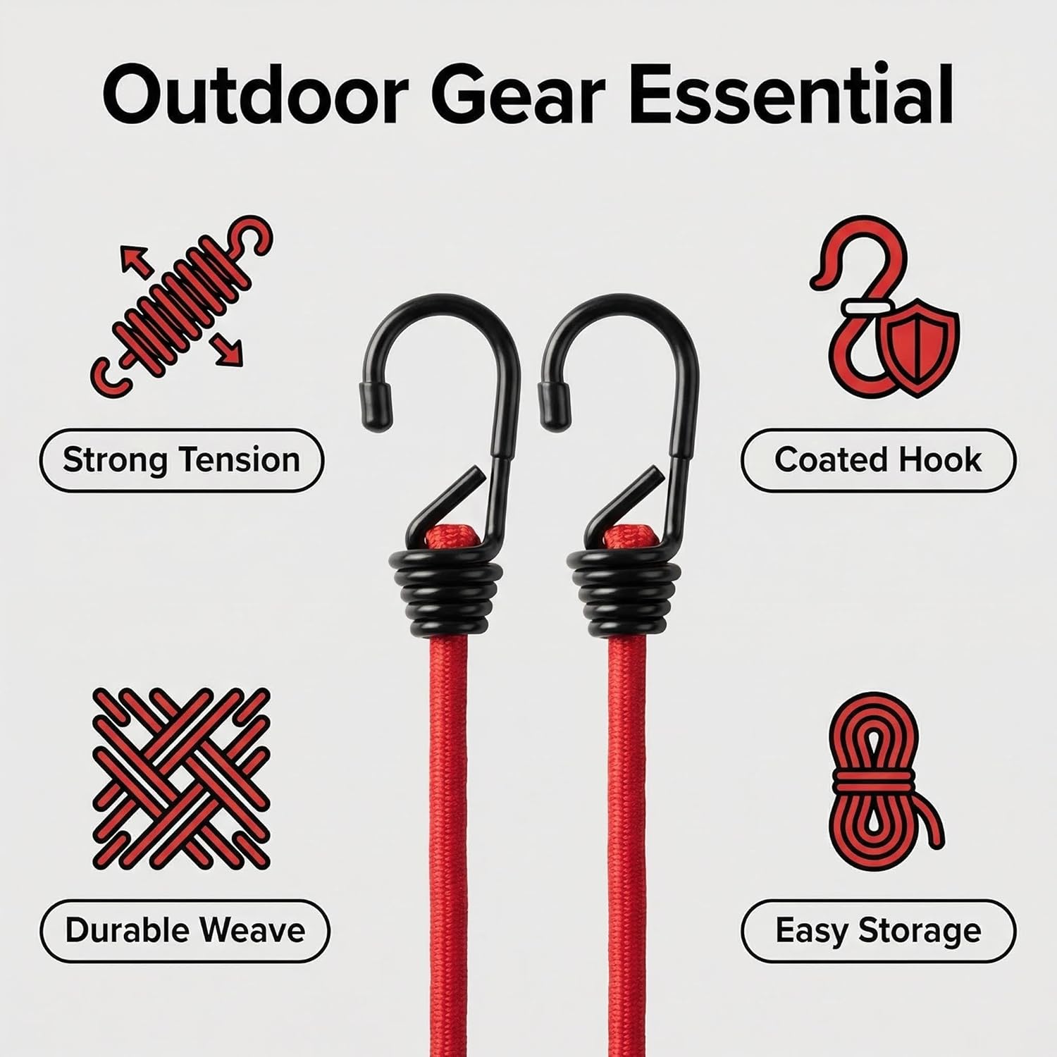 2pcs Heavy Duty Bungee Cords with Hooks Red Elastic Tension Lanyards for Tarp Awning Tent Stakes Tie Downs Camping Gear Kayak Cargo