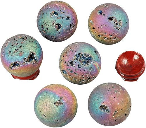 Miniatura 7 de TUMBEELLUWA Piedra preciosa de geoda de ágata druzy, con revestimiento de titanio, cristal curativo de cuarzo Aura, con soporte de madera,