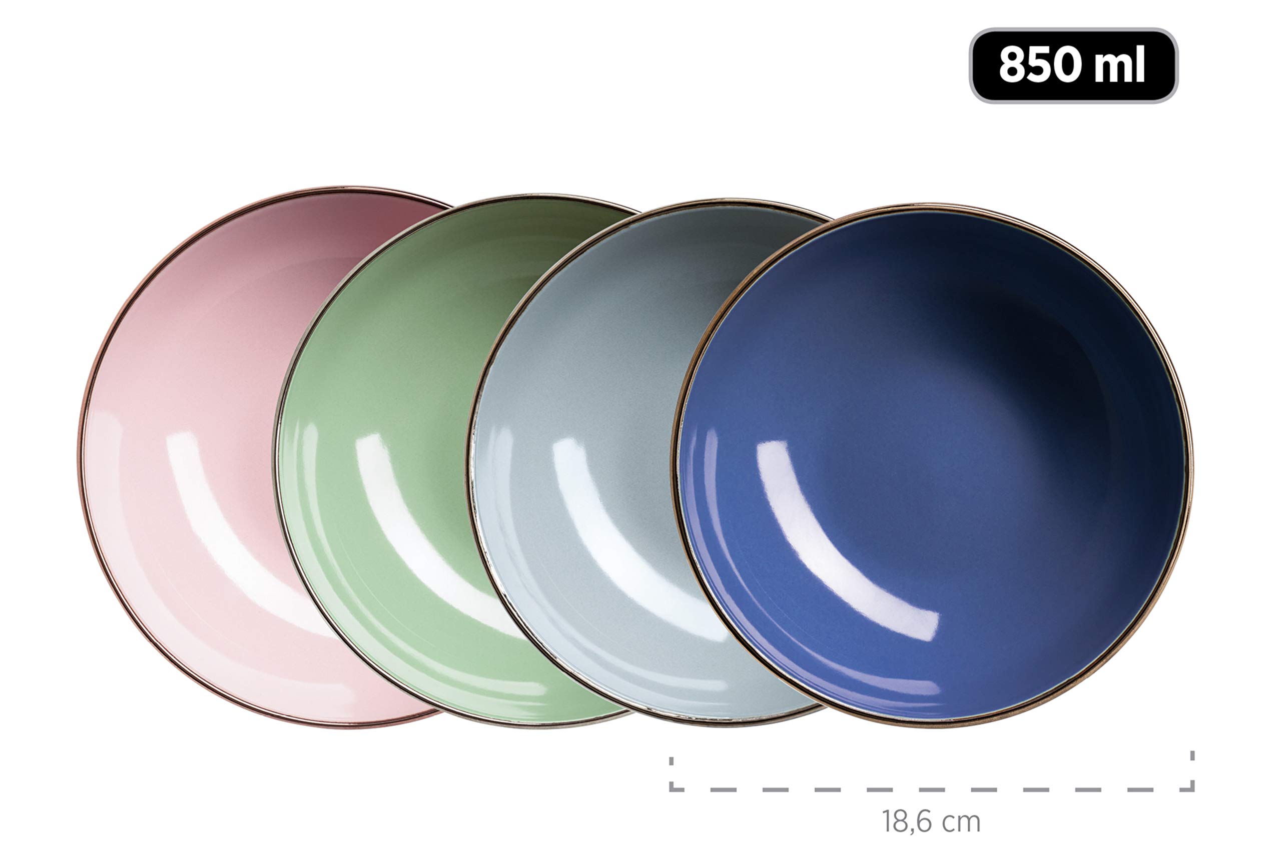 MÄSER 931726 Metallic Rim, Modernes Geschirr Set für 4 Personen mit messingfarbenem Rand, 16-teiliges Kombiservice mit randlosen Coupe-Formen, bunt, Steinzeug, Fresh