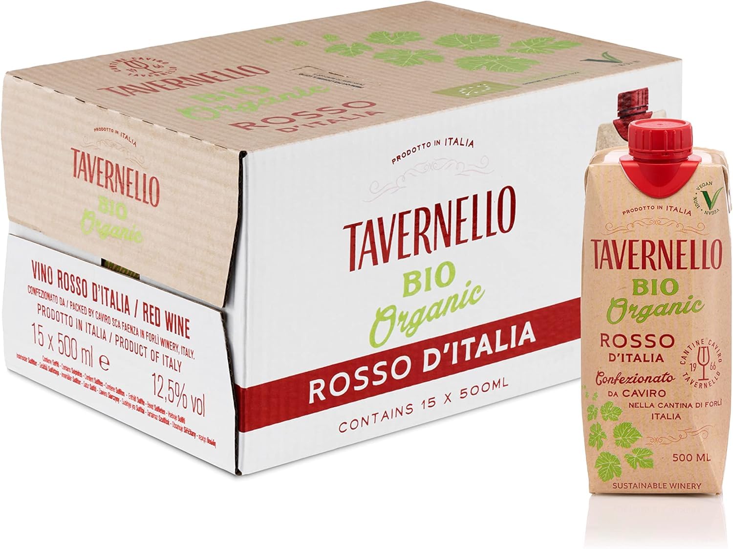Tavernello Bio Organic Vino Rosso d'Italia, Vino Biologico dal Gusto Rotondo e Persistente, 12.5% Vol, Confezione con 15 Brik da 500 ml