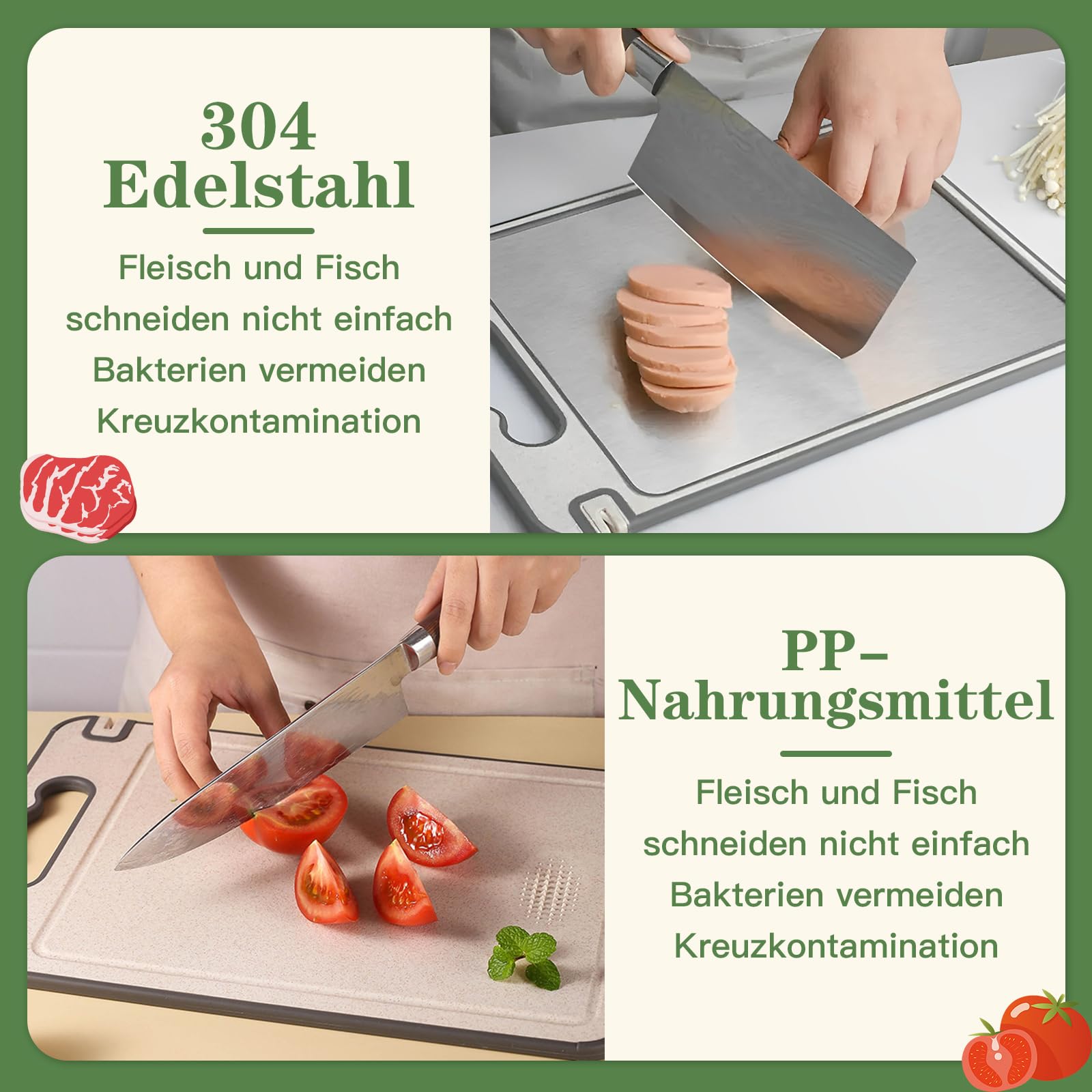Planche à Découper Inox Double Face Silicone Antidérapante pour Cuisine Viande Poisson Fruits Légumes