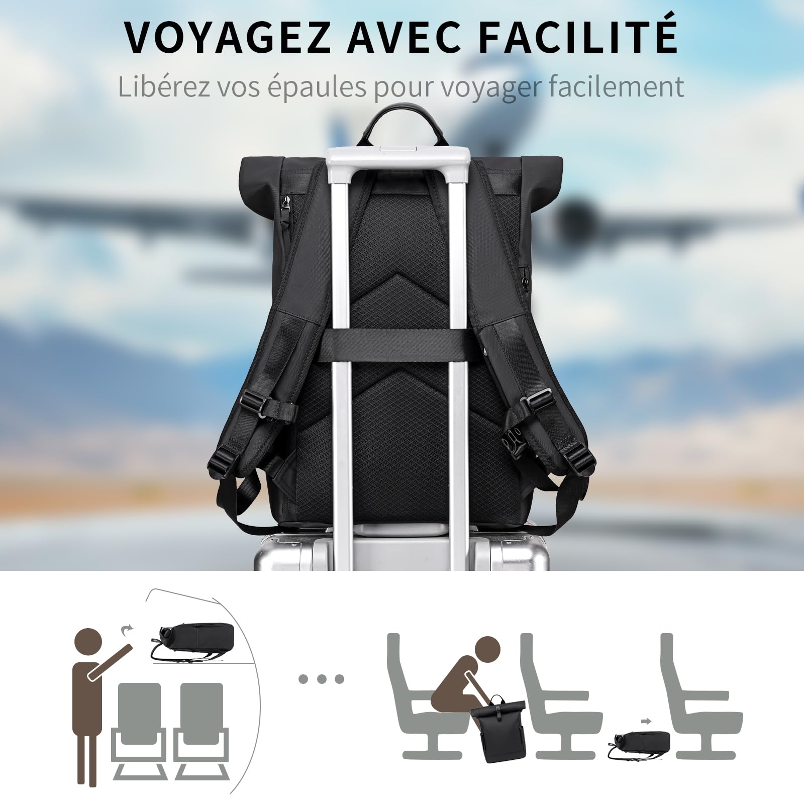 Sac à Dos Roll top Femme Ordinateur Noir Grand Sac a Dos Homme et Femme Travail Extensible Sac a Dos PC Ordinateur Portable Bagage à main 17.3 Pouces pour Randonnée Voyage Cyclisme Universit