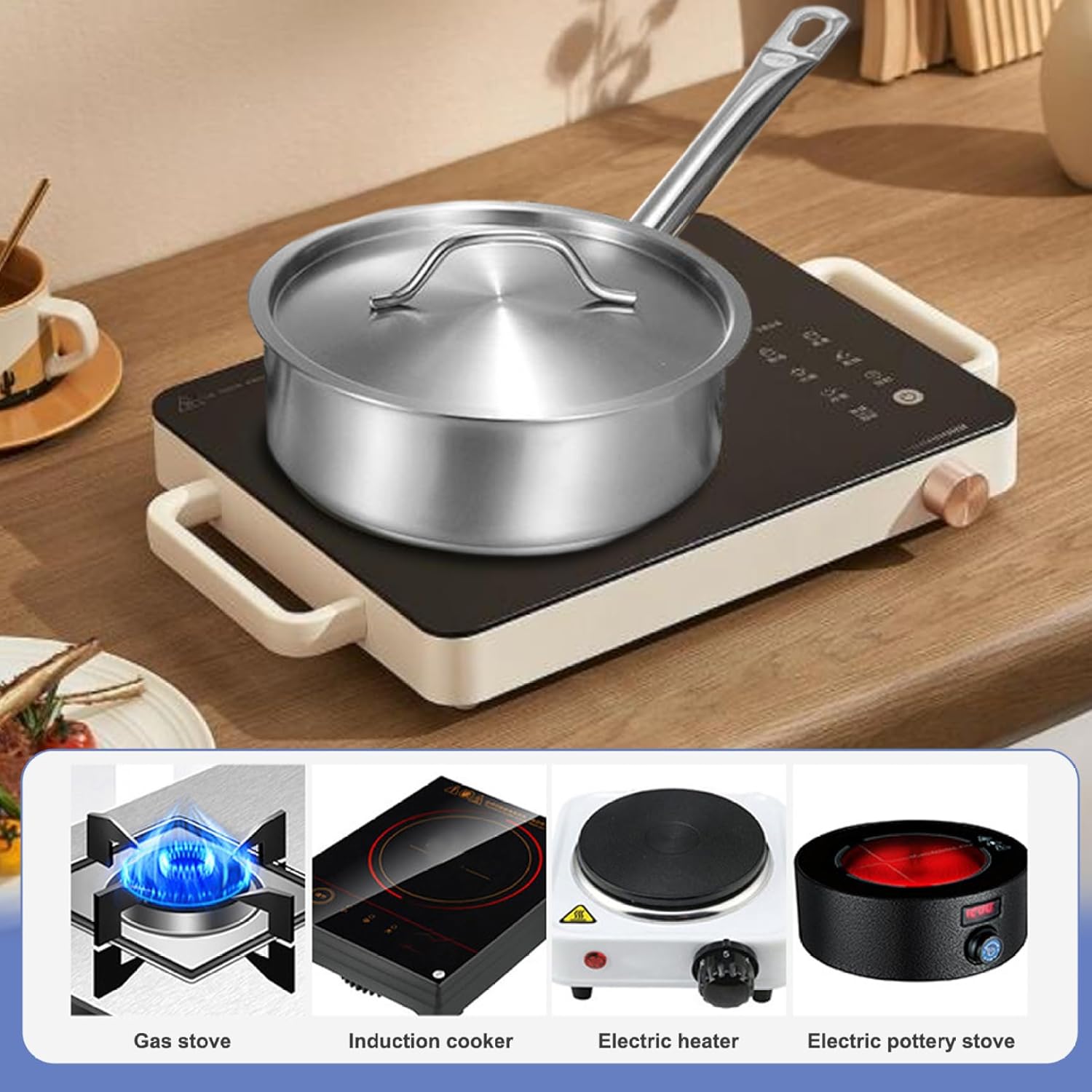 Stainless Steel Saute Pan, 4L 9.5 Inch Stainless Steel Frying Pan with Lid, Non-stick 3 Ply Clad Cooking, Cookware with HandleStainless