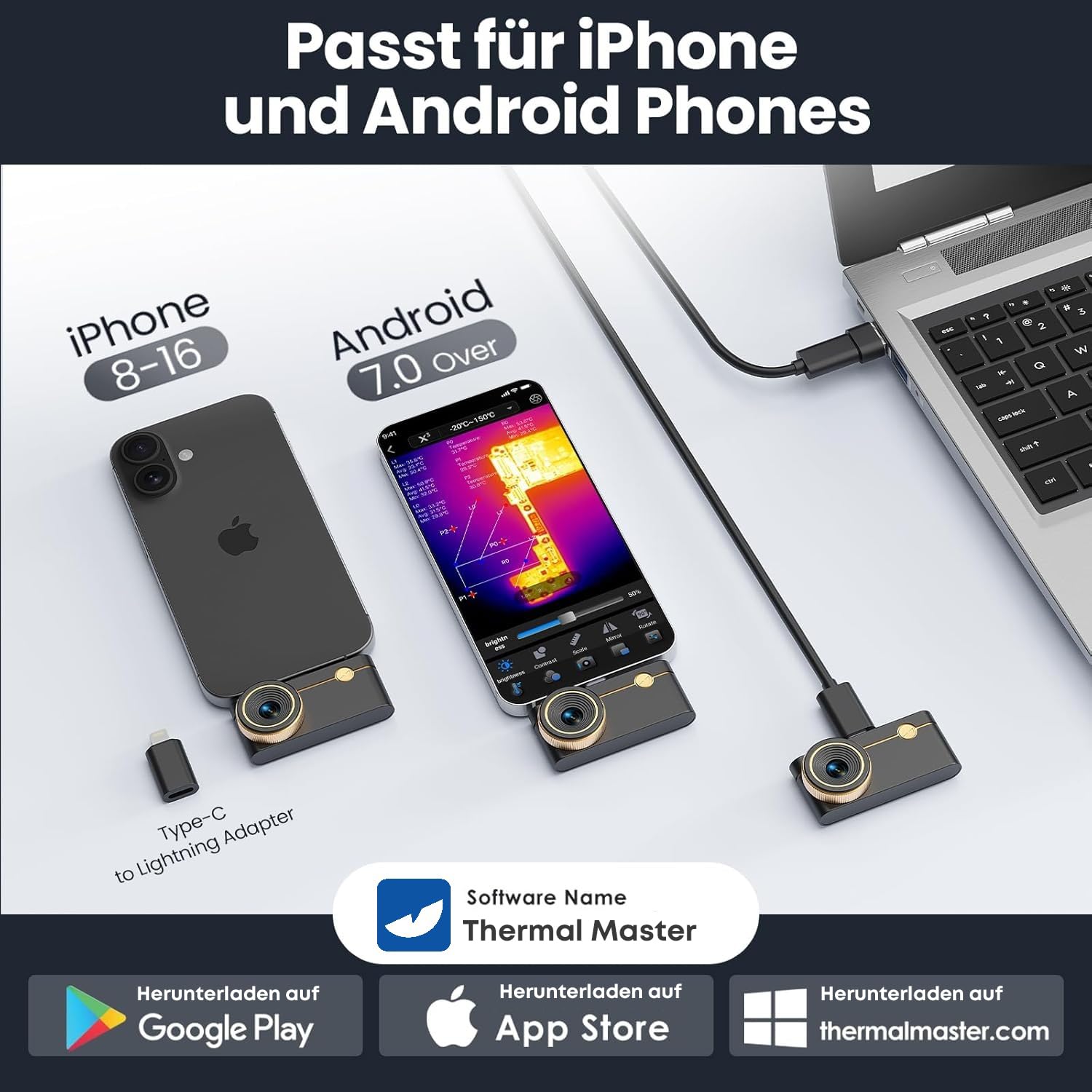 Wärmebildkamera P3 für iPhone und Android Infrarot Kamera Einstellbares Objektiv Super IR Auflösung 512x384, -20℃-600℃ Wärmebildkamera für PCB Inspektion, Schwarz