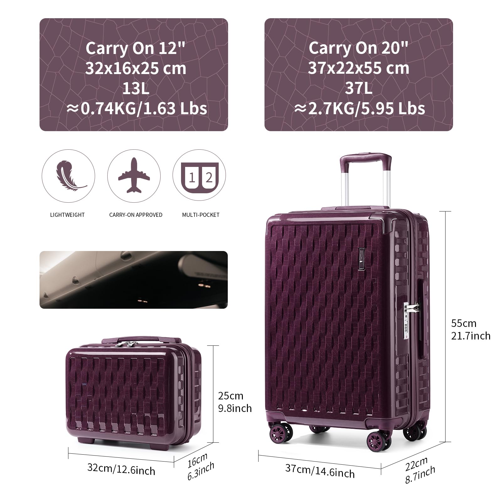 Sea choice Valigia Bagaglio a Mano Trolley Rigida Valigie cabina Ultra Leggero 4 Ruote Girevoli Doppie e TSA Lucchetto PC(Policarbonato) 55x36x20cm, 50L