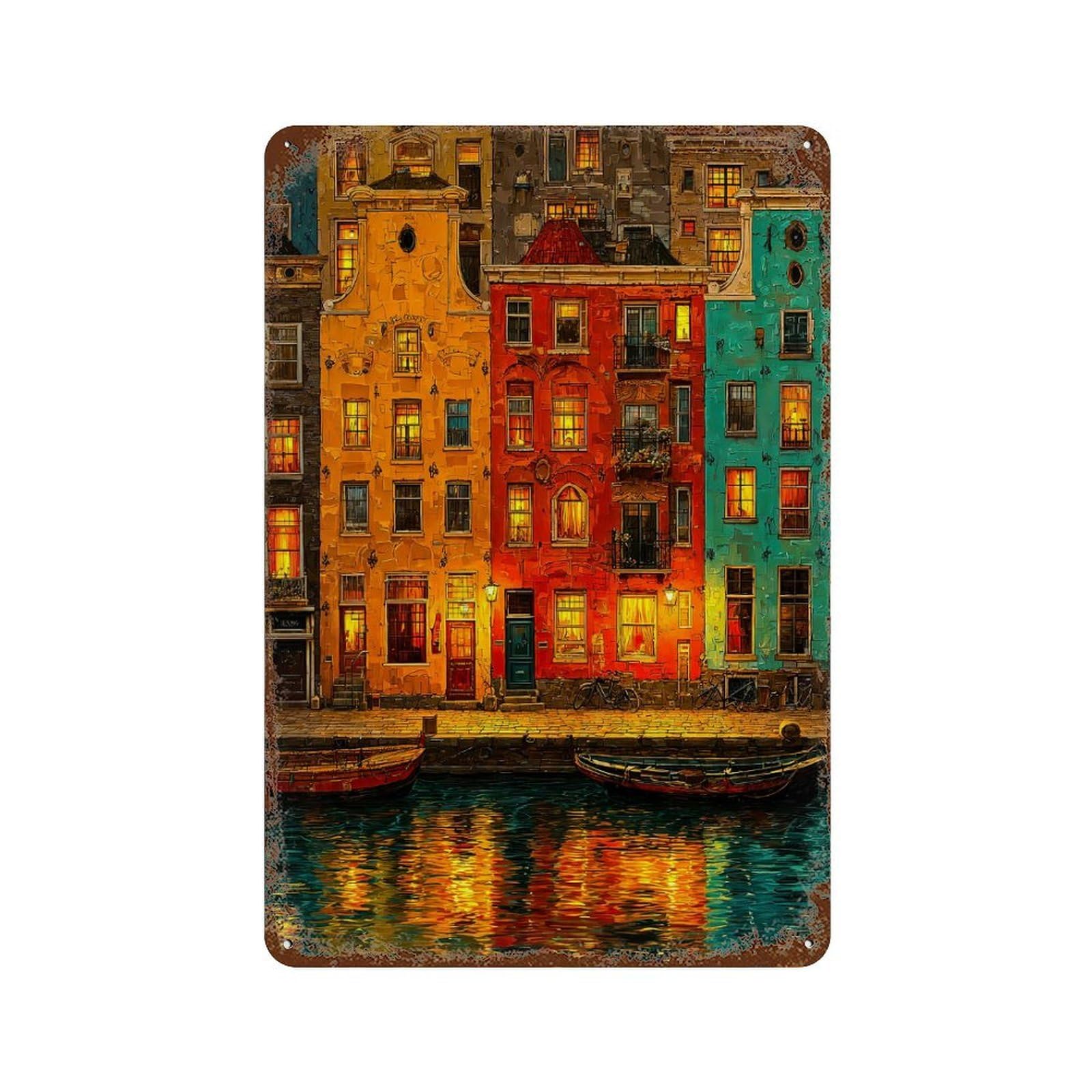 Garage Style Colorful Amsterdam Canal Houses at Night Rust Effect Tin Sign 11.8"x7.9", Rustic Home Decor for Bar And Workshop
