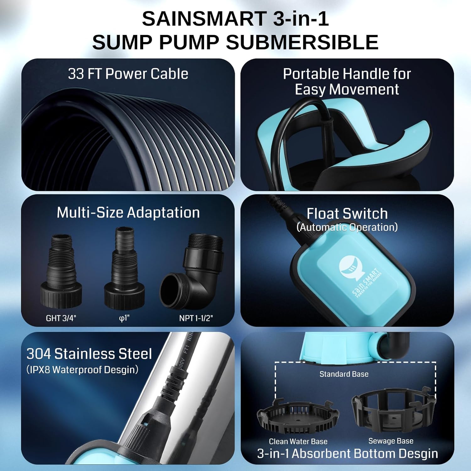 SainSmart Sump Pump with Float Switch, 1.15HP Submersible Water Pump, Stainless Steel Portable Utility Pump 3960 GPH High Flow Water Removal, with 33ft Cord for Pool Tub Garden Pond Draining