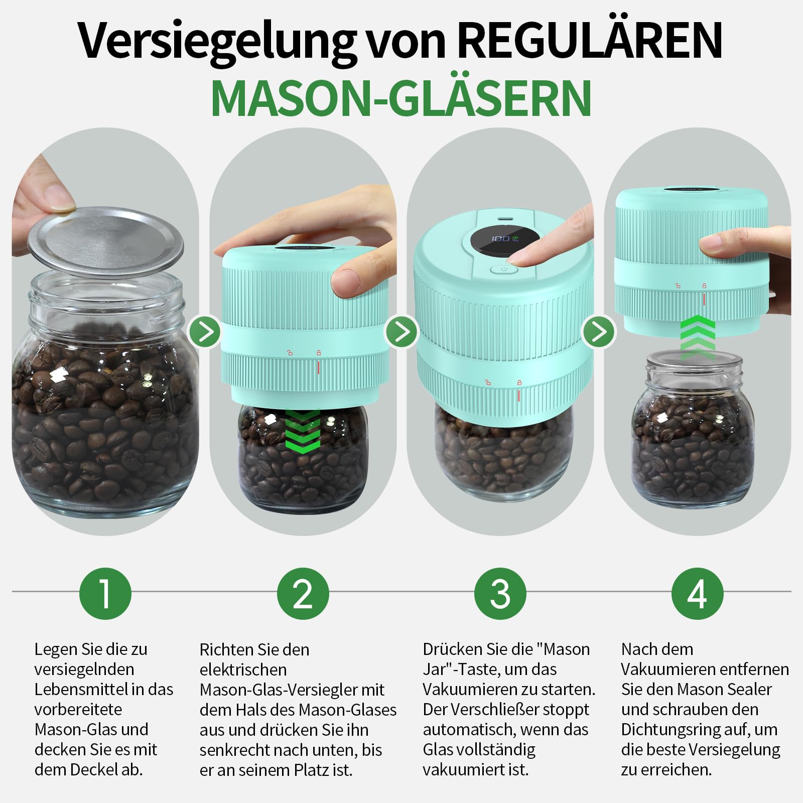 Vakuumierer für Gläser | Elektrisches Mason Jar Vakuum Sealer für Breite und Normale Öffnung | Tragbares Vacuum Sealer Machine | Geschenke für Sie, Mama, Oma, Seladon Blau-Grün