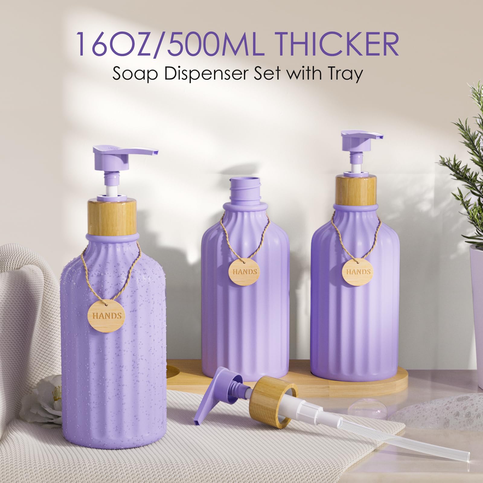 Shampoo and Conditioner Dispenser Set of 3, 16OZ Refillable Purple Shampoo and Conditioner Bottles Extra-Thick Plastic Empty Body Wash Dispenser with Pump and Tray Tags Bathroom Shower Soap Dispenser