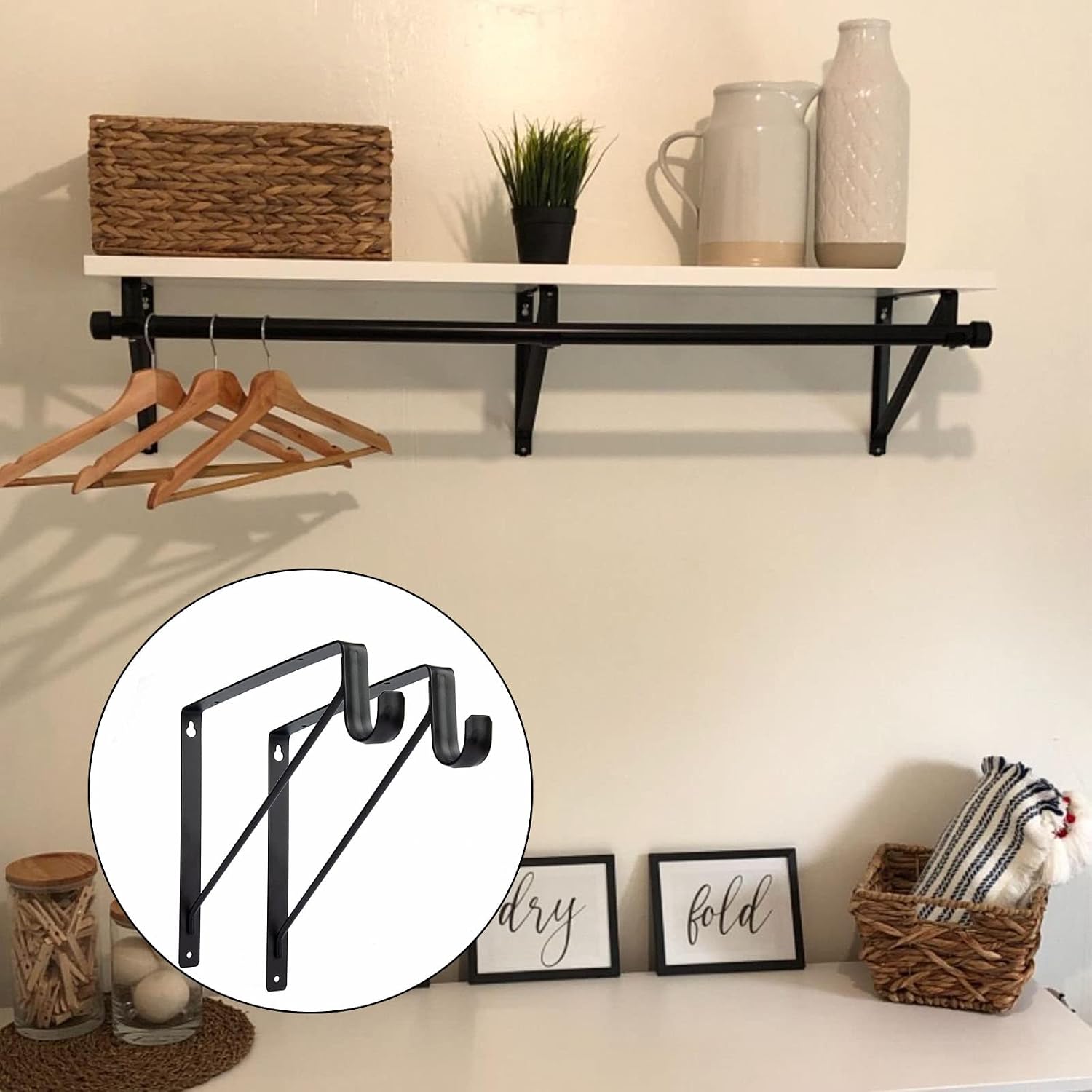 4 Pack Closet Rod Bracket, Heavy Duty Closet Rod Holders 10.8”x10.8”, 1-3/8” Dia Black Right Angle Wall Mount Clothes Hanger Closet Pole Support Bracket for Shelf Storage