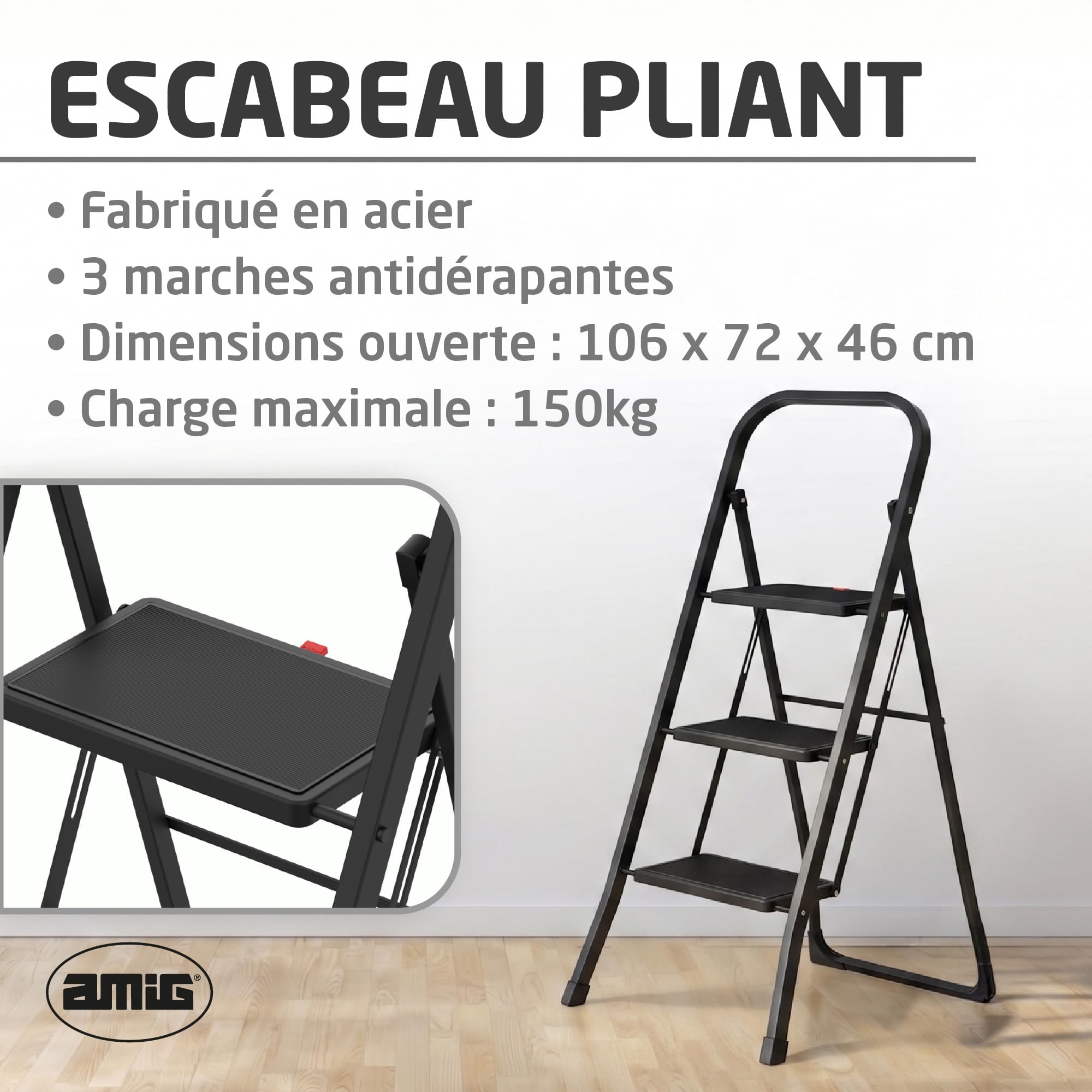 Amig Échelle Pliable 3 Marches Acier Noir 106x72x46 cm