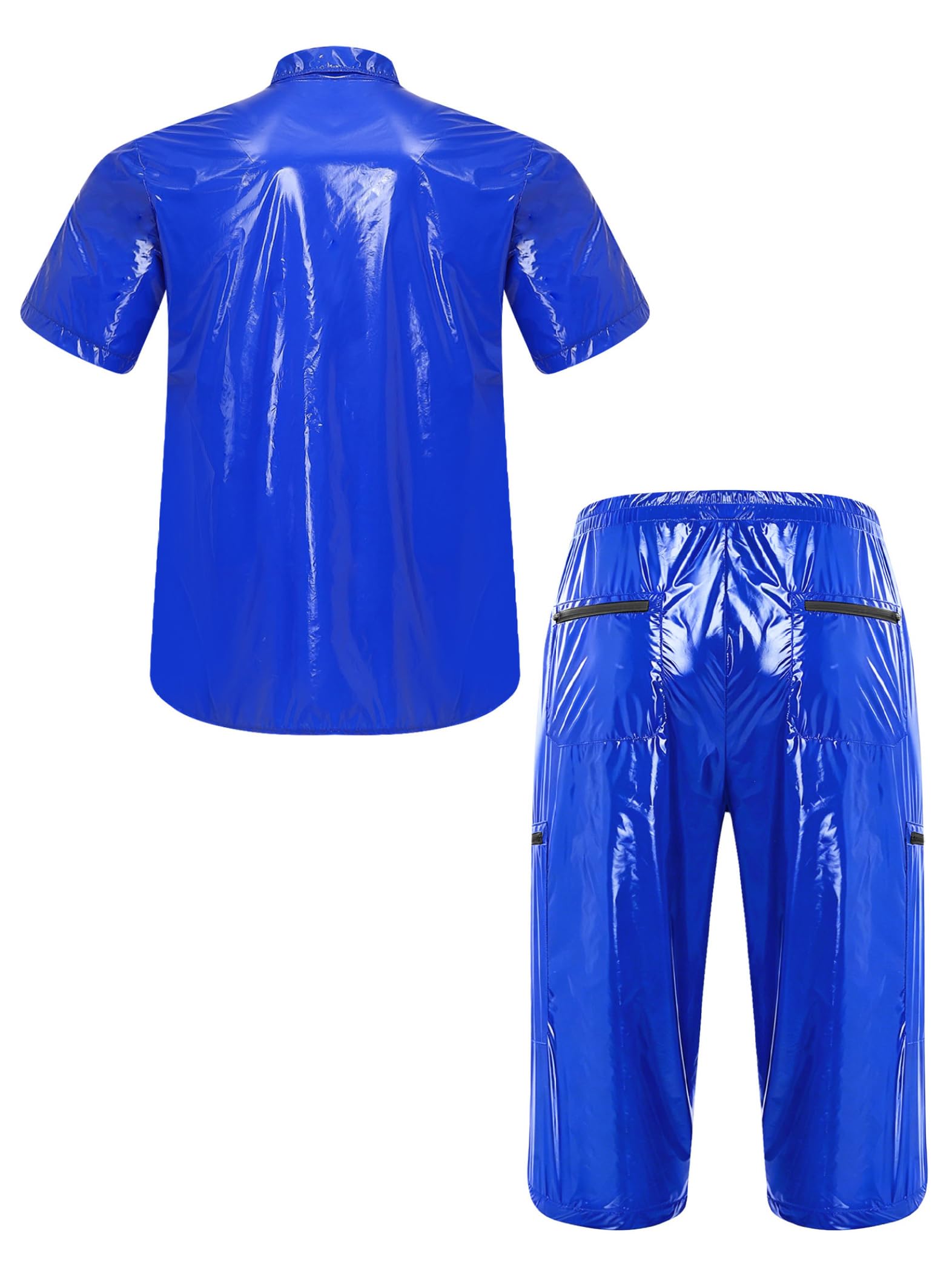 Uomo Look Wetlook Abito Due Pezzi Camicia E Pantaloni Corti Party Discoteca Outfit Blu reale XXL