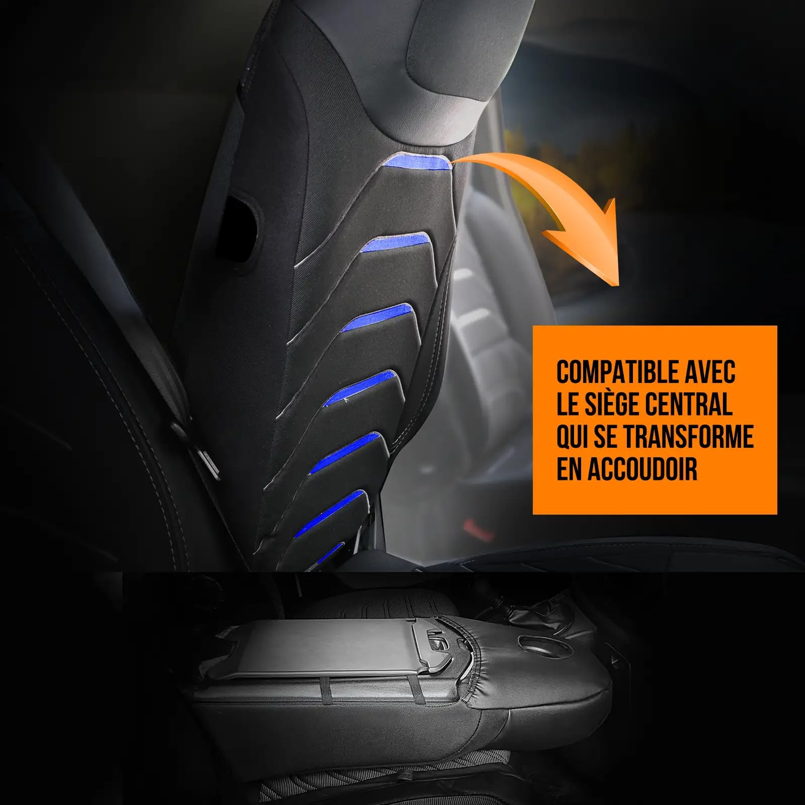 Housse de siège de voiture universelle 2+1 pour Renault Trafic 3 (2015-2024), OPEL Vivaro B (2014-2018) – Housse de siège avant en lin, noir-bleu, ensemble de sièges avant pour