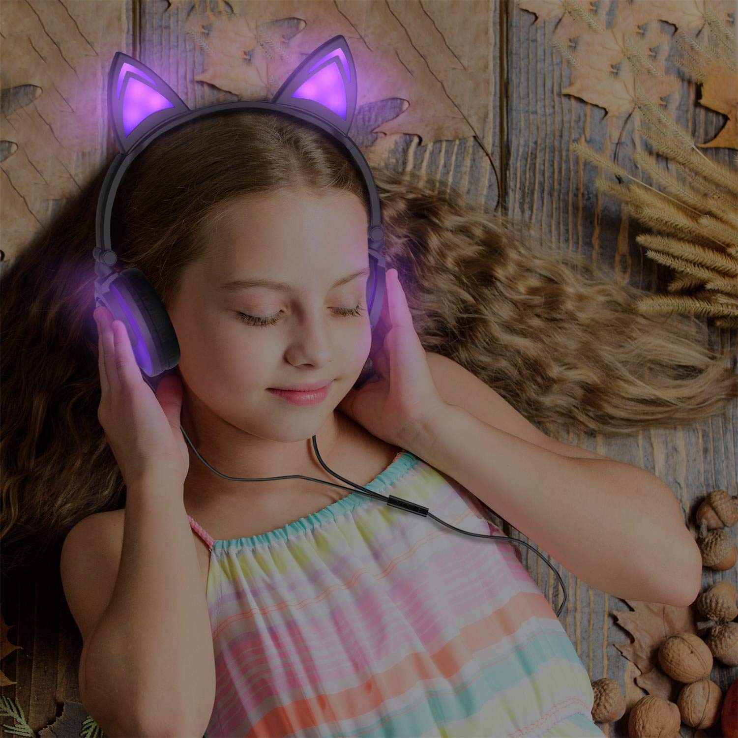 Olyre Casco para niño con Orejas de Gato LED Luminosas, Plegable Ligero con Cable de Audio de 3,5 mm para Smartphone, Tableta, IPadViolet+Negro