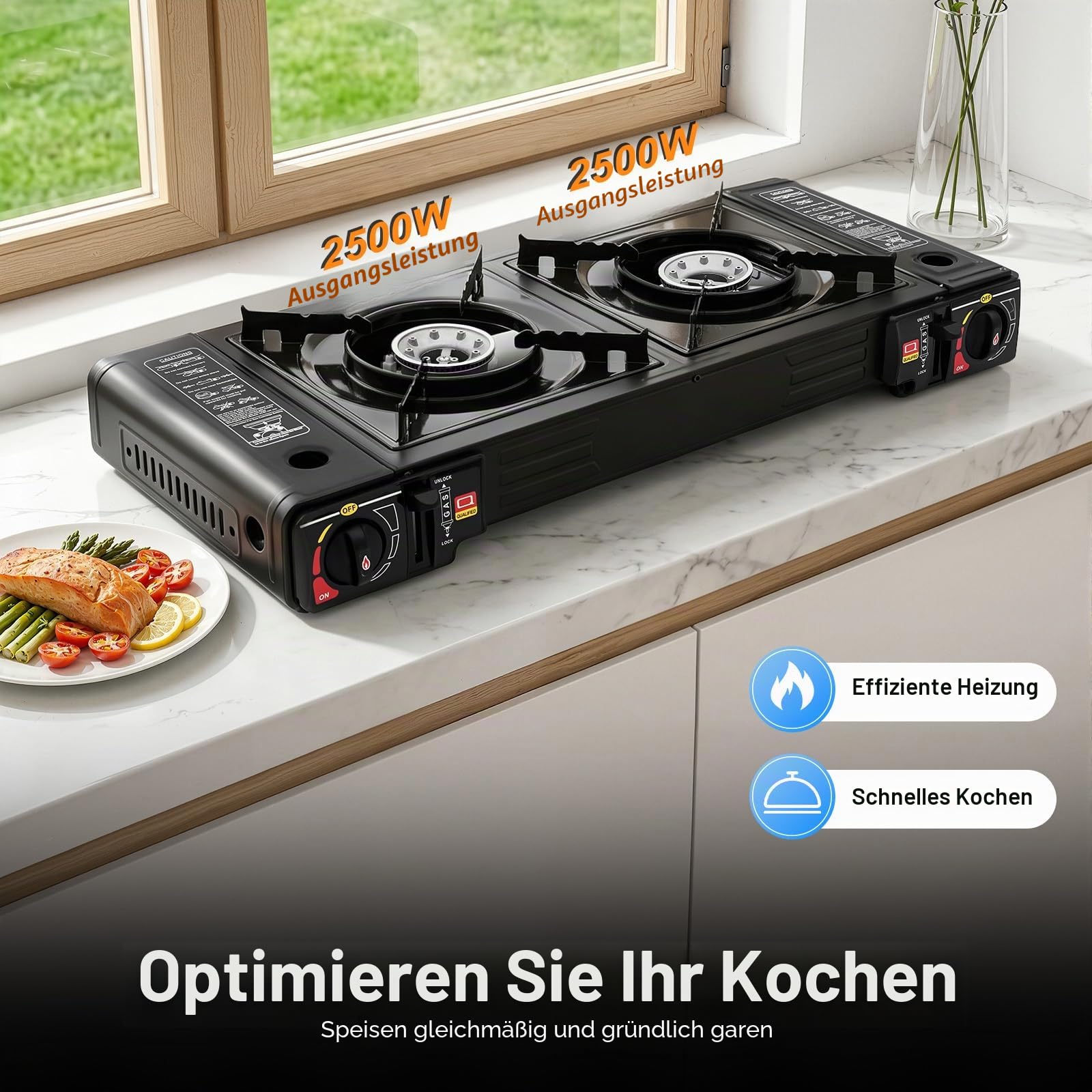 2-Brenner Gasgrill, 2 Flammig Gaskocher, Tragbarer Doppelbrenner BBQ Grill, Tischgasgrill Mit Überdruck-Sicherheitsventil, Camping Gas Kocher für Garten, Outdoor Kocher für Butan oder LPG
