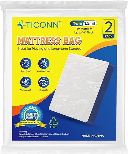 TICONN Paquete de 2 bolsas de colchón para almacenamiento, protector impermeable para colchones de hasta 16 pulgadas de grosor, suministros de