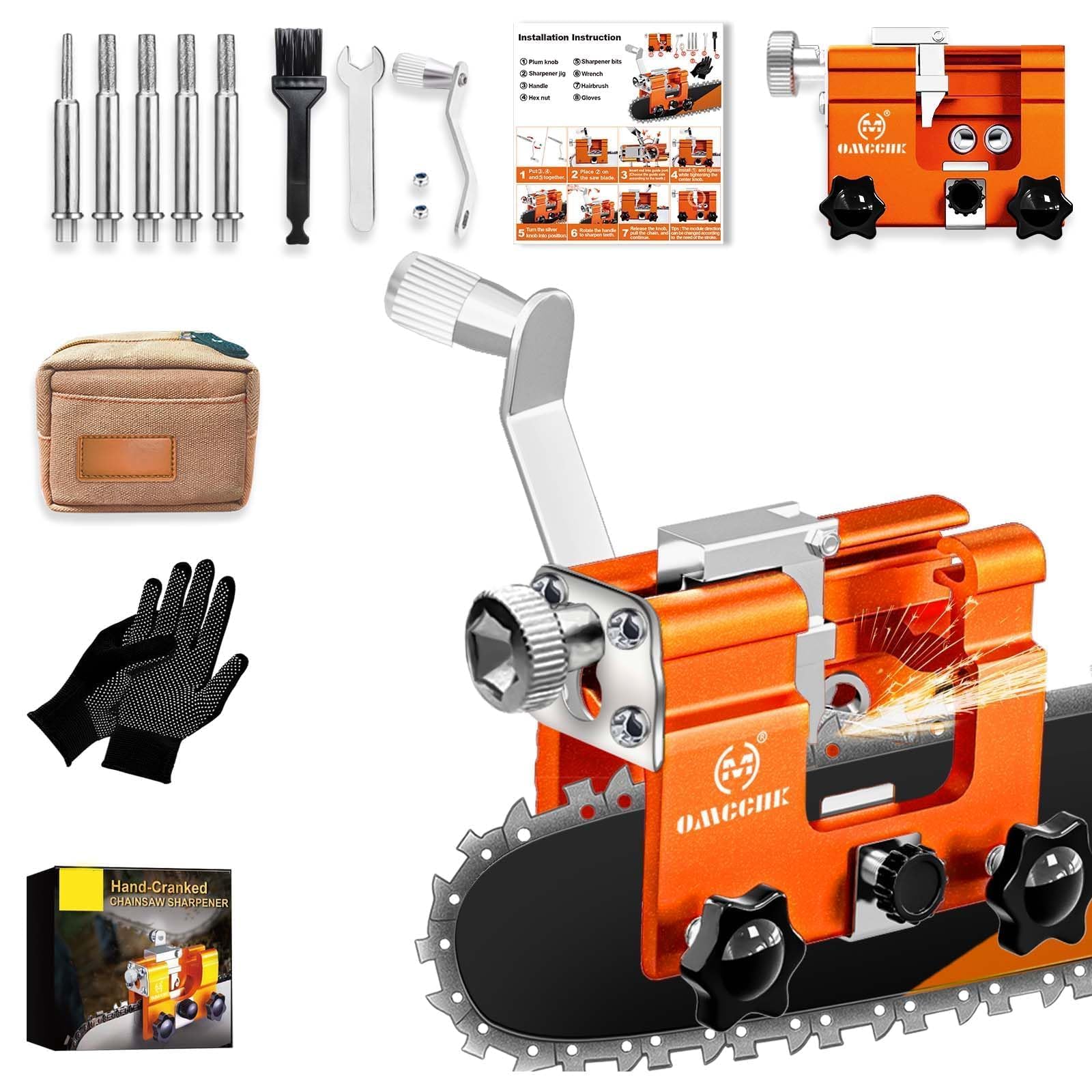 OMCCHK Chainsaw Sharpener Kit, Portable Hand Crank Chainsaw Chain Sharpener Jig, 4-22 Inch Gas & Electric Chainsaws Compatible, Chainsaw Blade Sharpener with 5 Sharpening Burrs & Carry Bag