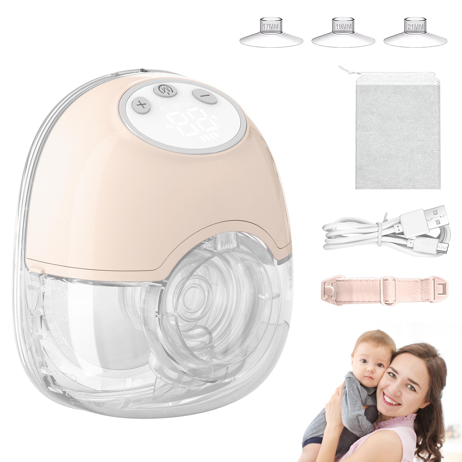 Tiralatte Elettrico, Tiralatte Portatile Ricaricabile 4 Modalità 12 Livelli Tiralatte a Basso Rumore Senza Mani con Adattatore per Pipette da 17/19/21mm