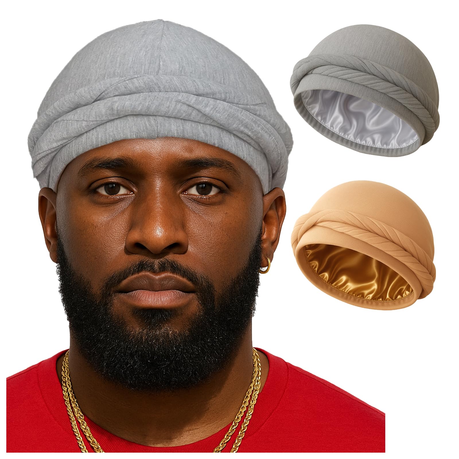 Upgraded Halo Turban Durag for Men &Women, Pre-Tied Skull Cap, Hair Loss Hat Silk-Lined Headwraps, Sleeping Bonnet (L,Light Gray+Tan)