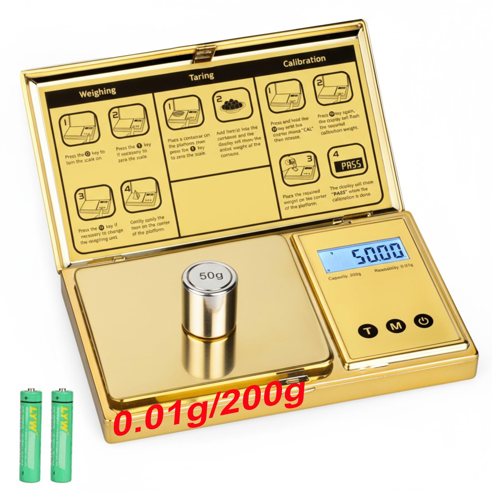 Báscula digital de bolsillo de 200 g/0,01 g, chapado en titanio dorado, pantalla LCD retroiluminada, mini báscula de joyería con 6 unidades, apagado automático, función de tara para