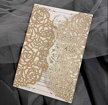 50 Sets Champange Gold 5 x 7.2 Laser Cut Rose Flower Wedding Invitations Cards with Pearl Bowknot and Envelopes invitation for Bridal Shower Wedding Invite Only Invitation Cards