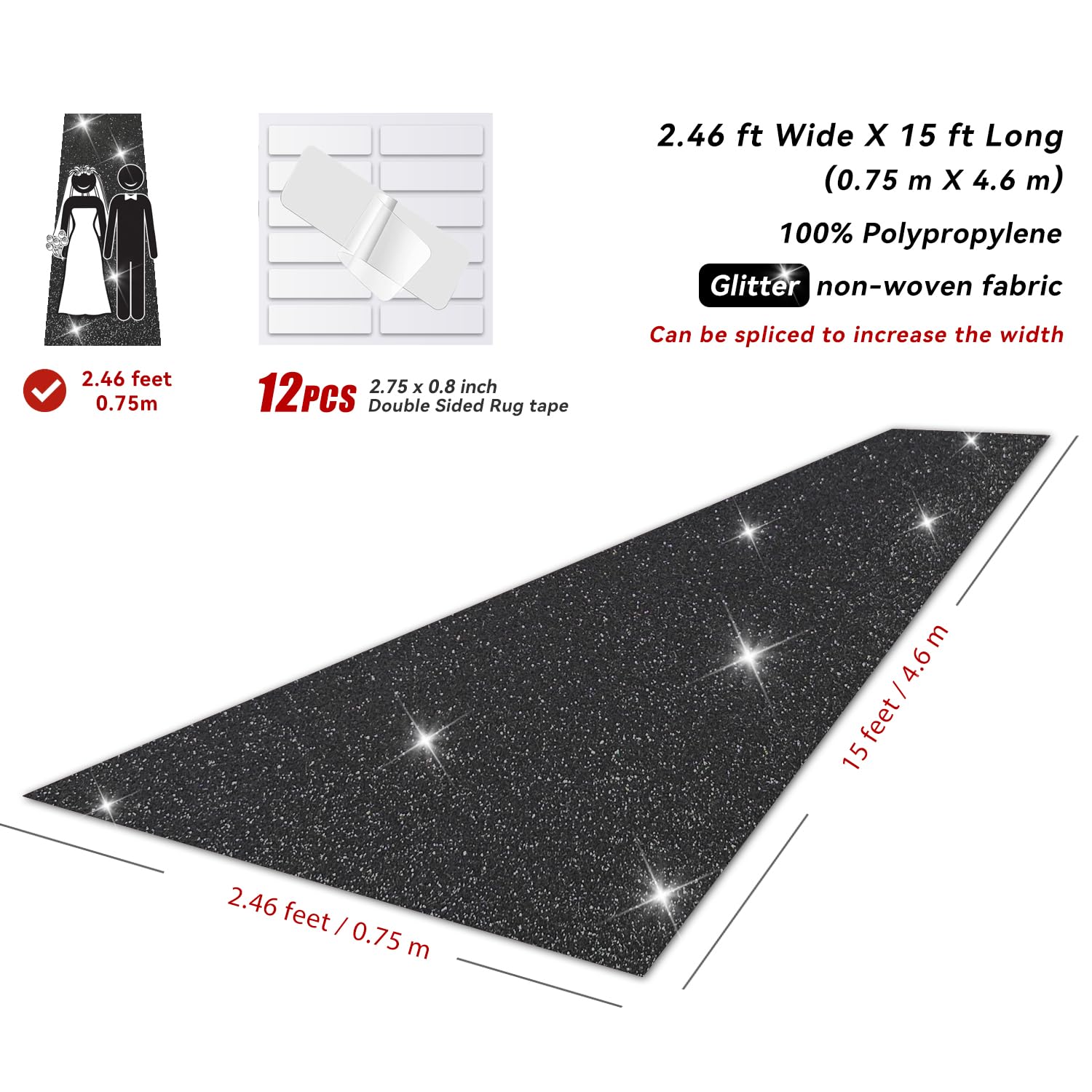 EZLucky Glitzernder schwarzer Teppichläufer für Party, 2,46 x 15 m, 200 g/m², Glitzer-Vliesstoff, Hollywood-Teppich für Veranstaltungen, Gangläufer für Hochzeitszeremonie,