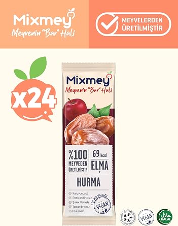 Mixmey Hurma Meyve Barı 24 Adet | Sağlıklı Atıştırmalıklar – Vegan, Glutensiz, Koruyucusuz (20GR X 24 ADET)