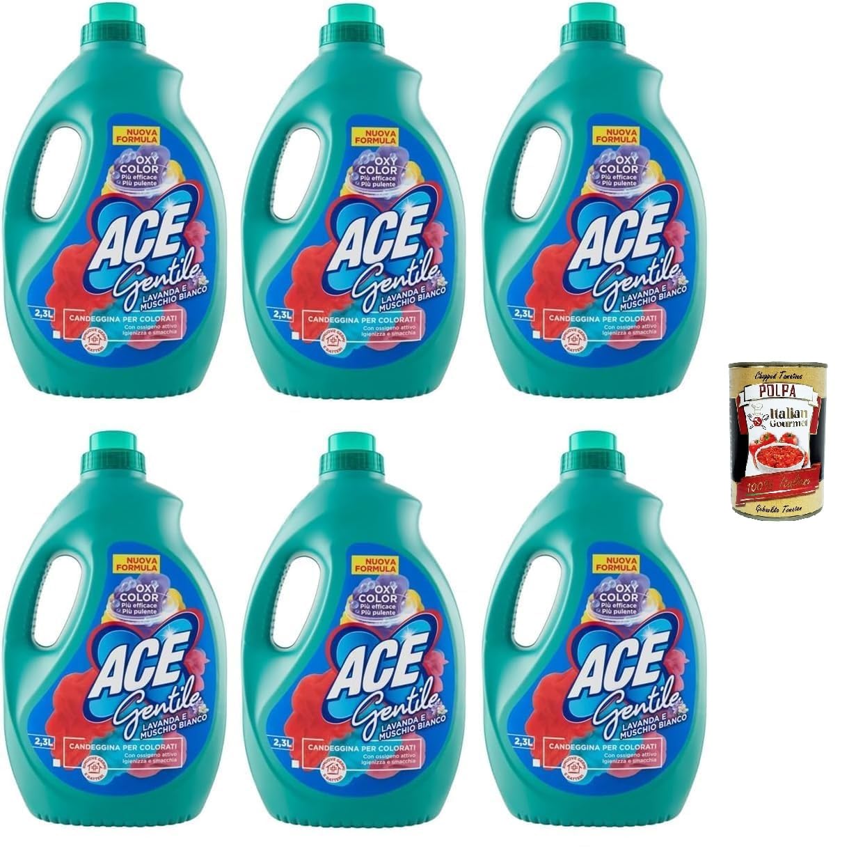 Ace Gentile Candeggina per Colorati,Bleichmittel für Farben – Lavendel und Weißer Moschus Wirksam Gegen Flecken 6x 2300ml + Italian Gourmet polpa 400g