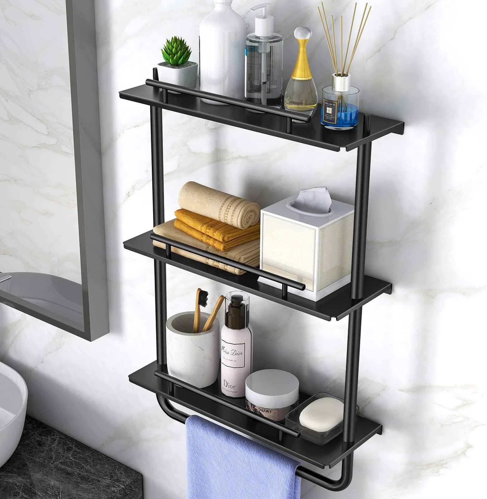 Amazon.com: DR.IRON Black Wall Bathroom Shelves with Towel Holder ...