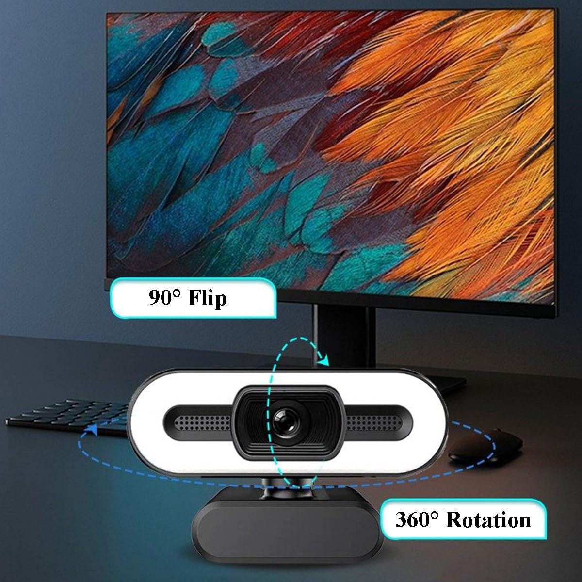 GIZNXBA Webcam Mit Mikrofon Per Streaming, Audio Stereo Chiaro, Luce Di Riempimento A Tre Livelli, Correzione Della Luce HD, Per Webinar, Conferenze, Videochiamate Professionali(2K)
