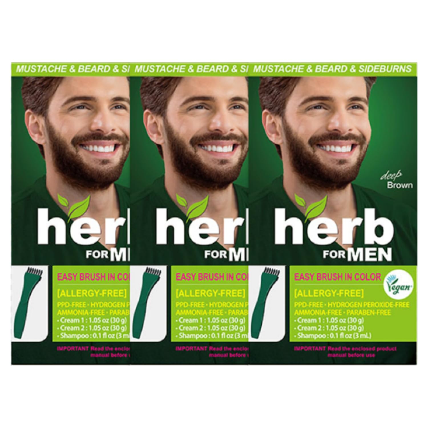 Herb For Men Mustache & Beard Dye (Deep Brown, 3 Pack), PPD-Free Ammonia-Free Hypoallergenic Beard Dye Vegan with Natural Ingredients, Odorless, Gentle for Sensitive Skin, No Skin Irritation