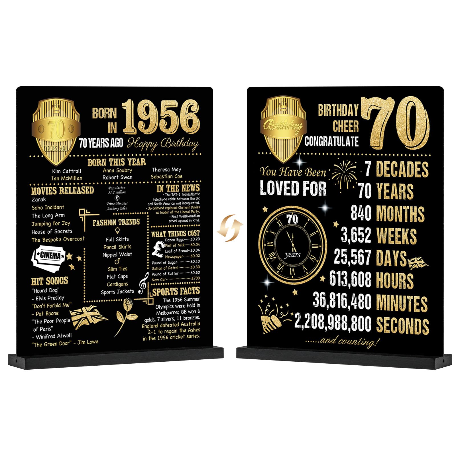 Benjia 70th Birthday Table Sign Decoration, 70 Years Birthday Display Card Gift For Men Women, Born in 1956 UK Poster Table Signs Holder with Stand, Bday Party Supply Decor 20x25 cm, Black Gold