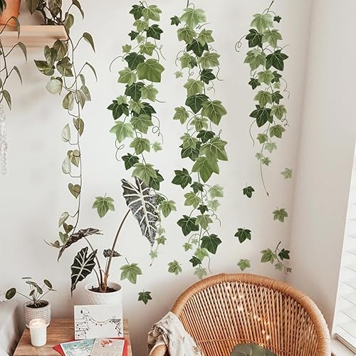 Miniatura 2 de Runtoo Calcomanías de pared colgantes de vid, hojas de hiedra verde, calcomanías de pared para dormitorio, sala de estar, decoración artística de